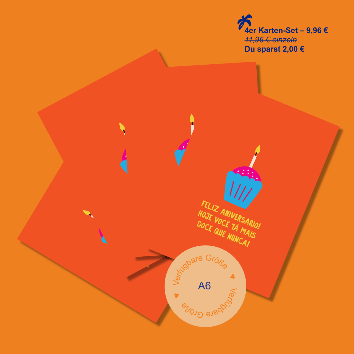 4er-Set Postkarte PT "Feliz aniversário" Orange - A6